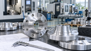 Forged aluminum alloy flanges on an inspection table inside a clean CNC machining workshop.